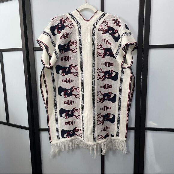 [l] Creme White Knit Holiday Poncho Sweater with Navy Blue & Red Reindeer Print - Picture 7 of 14